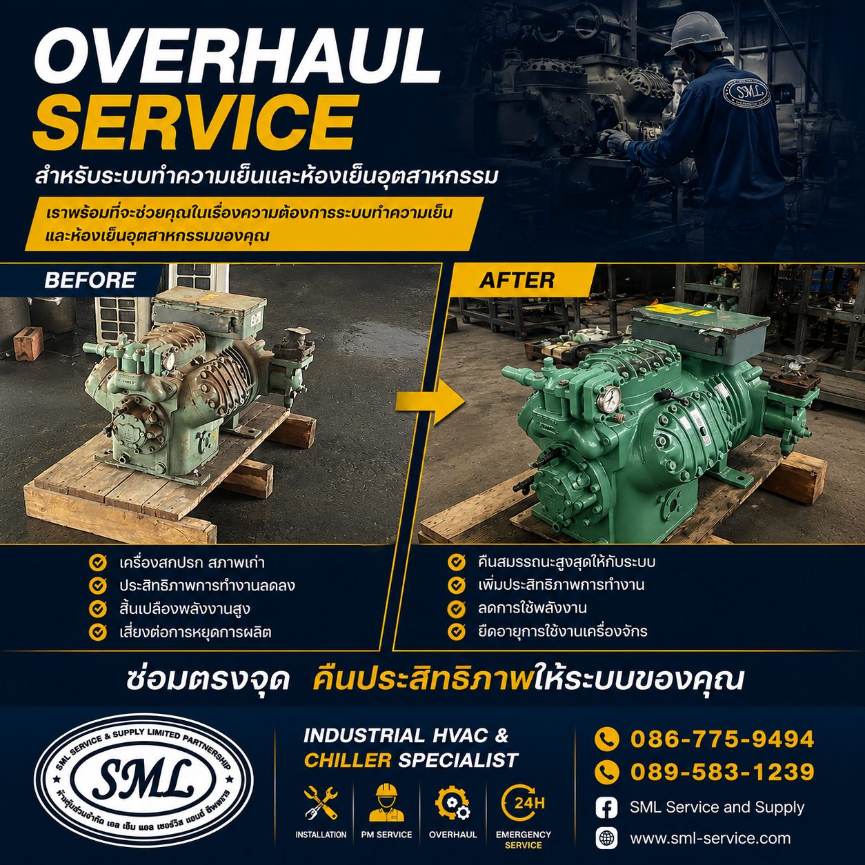 คอมเพรสเซอร์ห้องเย็นอุตสาหกรรมก่อนและหลังโอเวอร์ฮอลโดยทีมช่าง SML Service